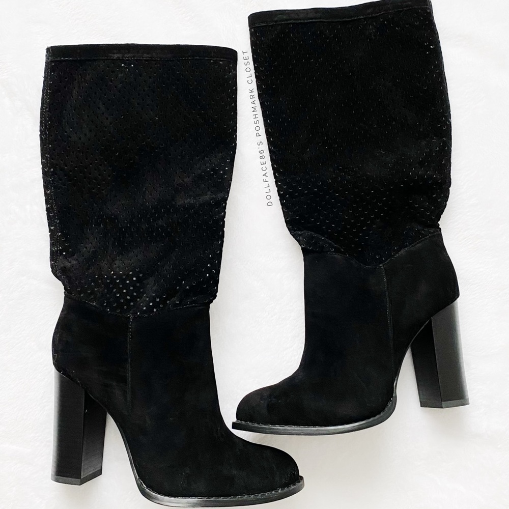 NWOT Perforated Stacked Heel Black Boots - Picture 1 of 12